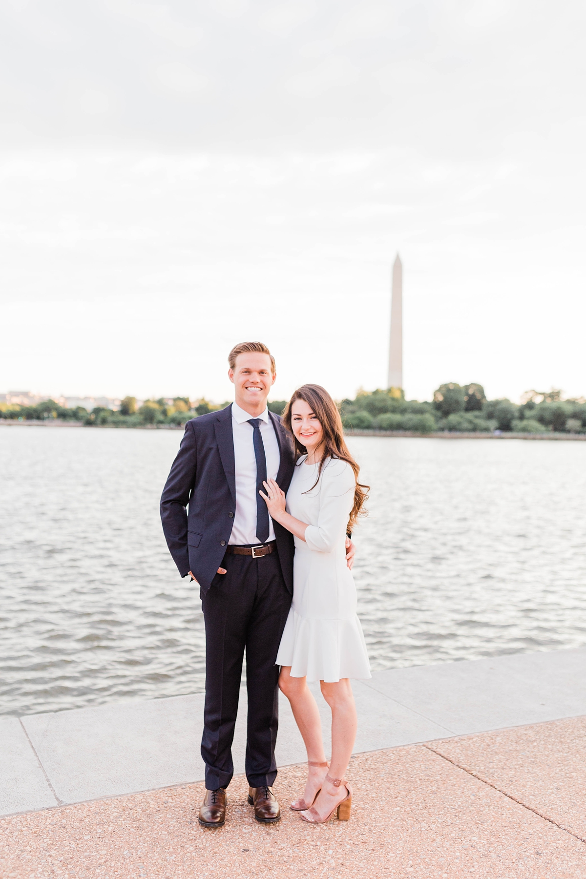 Couples Anniversary Session at the Thomas Jefferson Memorial in Washington, D.C., wedding photography, little white dress and classic black suit and tie, dressy outfits for engagement photos, Washington Monument