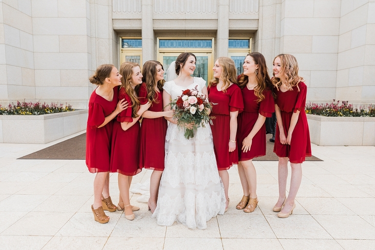 Intimate Wedding with Red Bridesmaid Dresses at the Ogden Temple