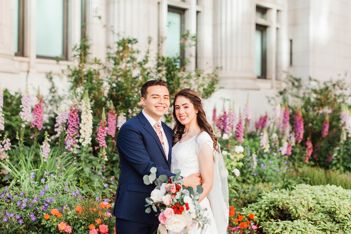 Salt Lake Temple Summer Wedding, Utah Wedding Photography, bride and groom flowers