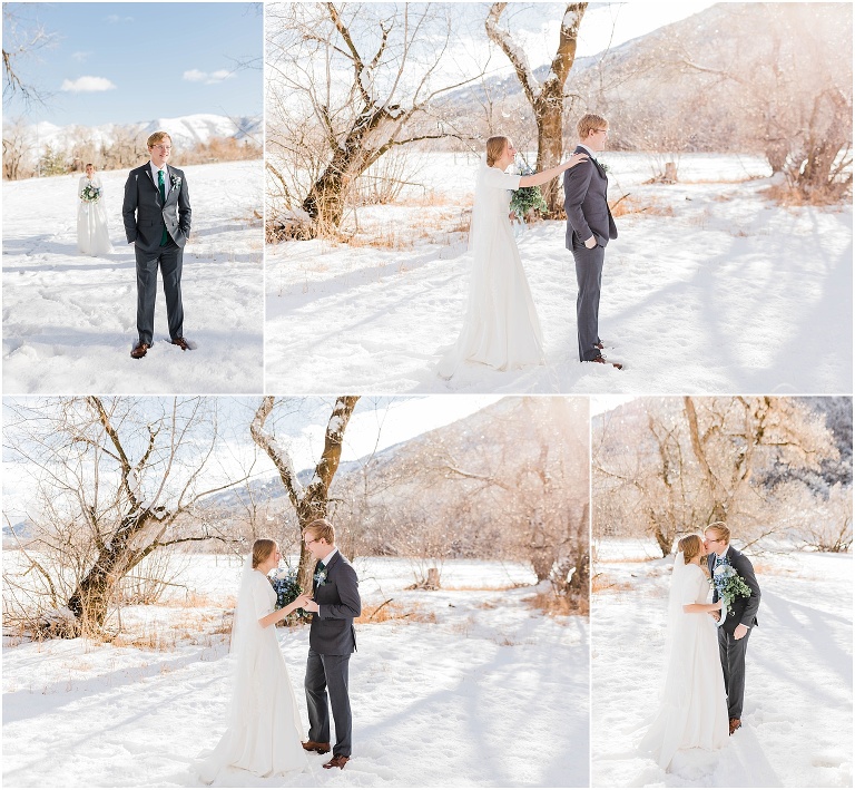 First look for bride and groom in the winter.